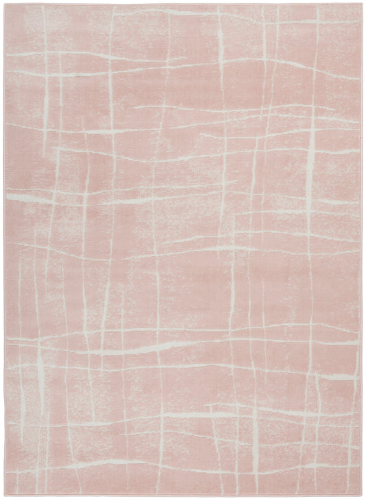 Soft pink rug with white crisscross grid pattern; rectangular modern area rug for living room or bedroom.