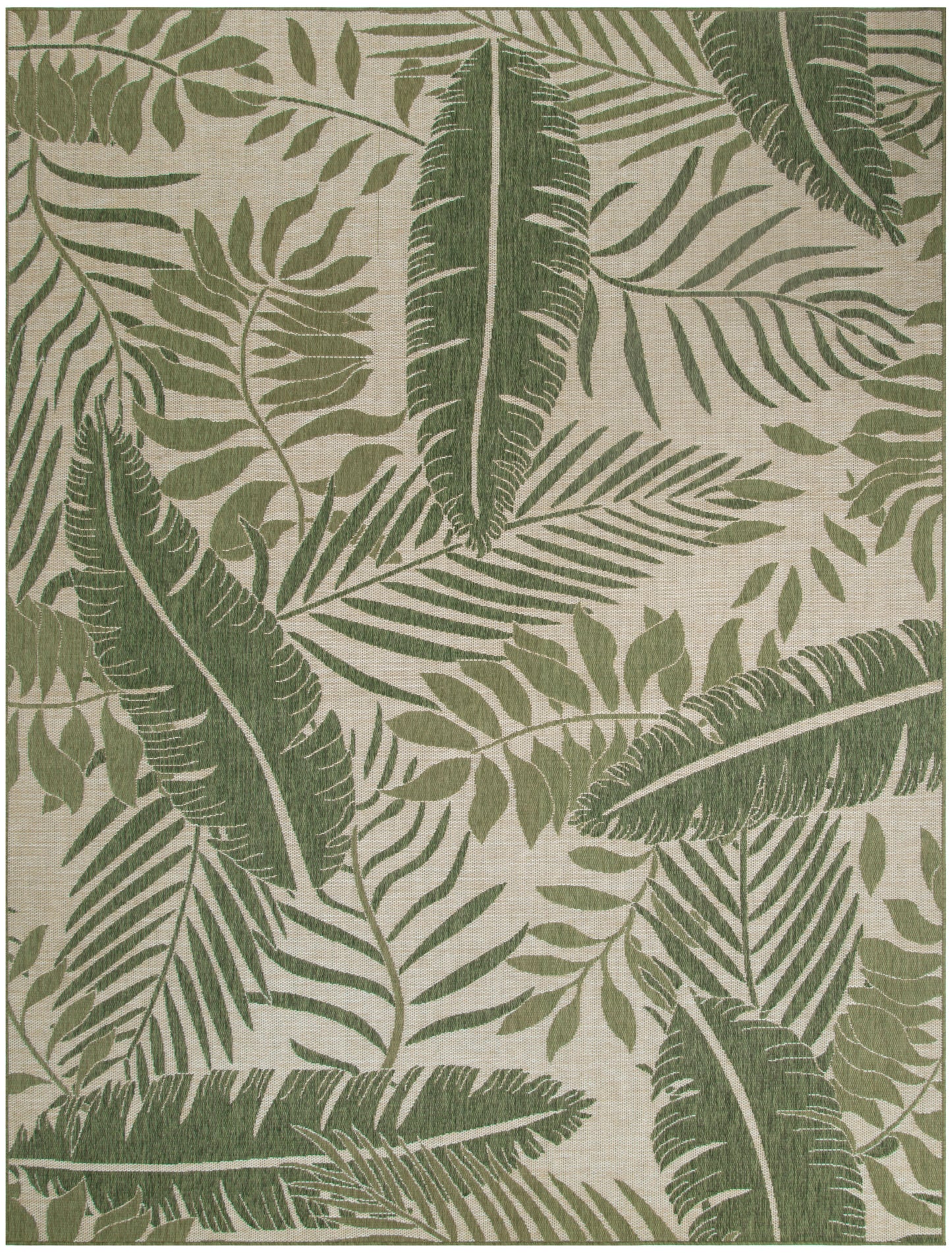 Green tropical leaf rug with banana and palm leaves on beige background, natural botanical style.