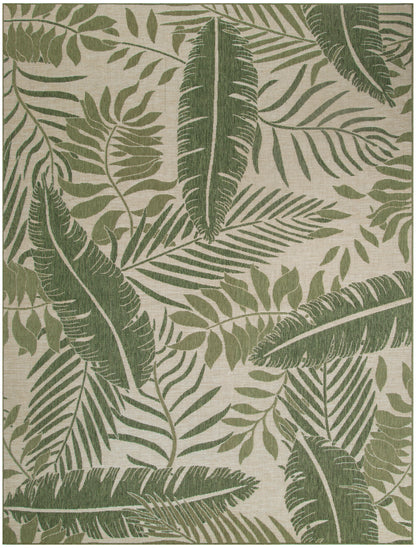 Green tropical leaf rug with banana and palm leaves on beige background, natural botanical style.