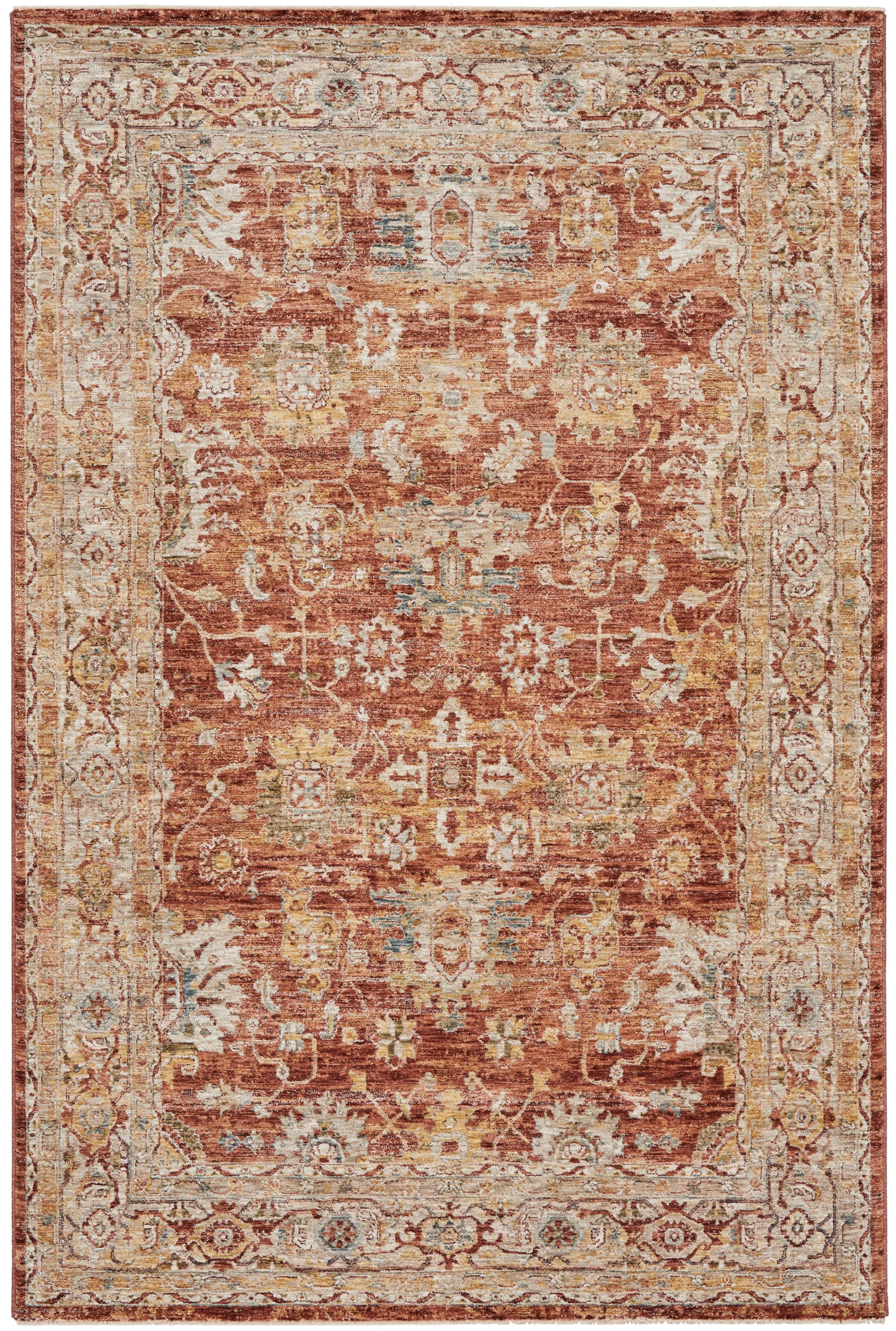 Rust-red oriental rug with an ornate ivory border and faded blue, gold, and cream floral motifs.