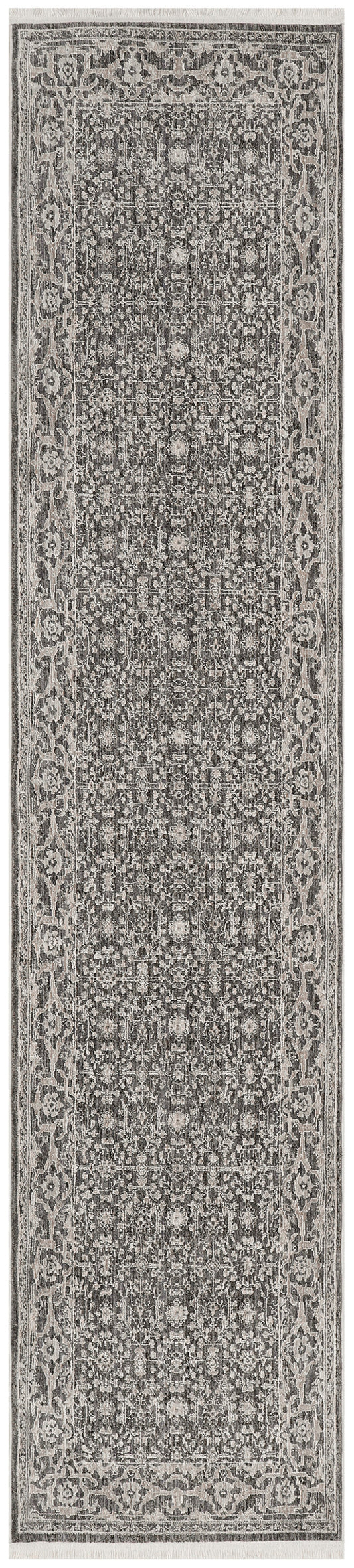 Neutral gray and ivory oriental runner rug with dense floral medallion pattern and fringed ends.