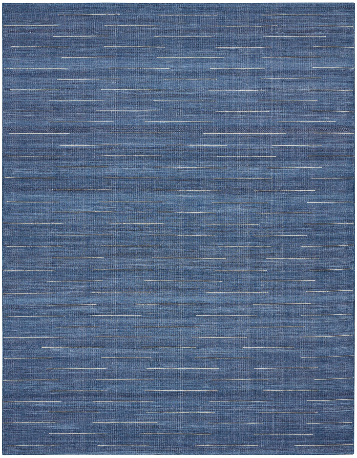 Blue woven rug with thin cream horizontal dashes in a modern flat-weave style.