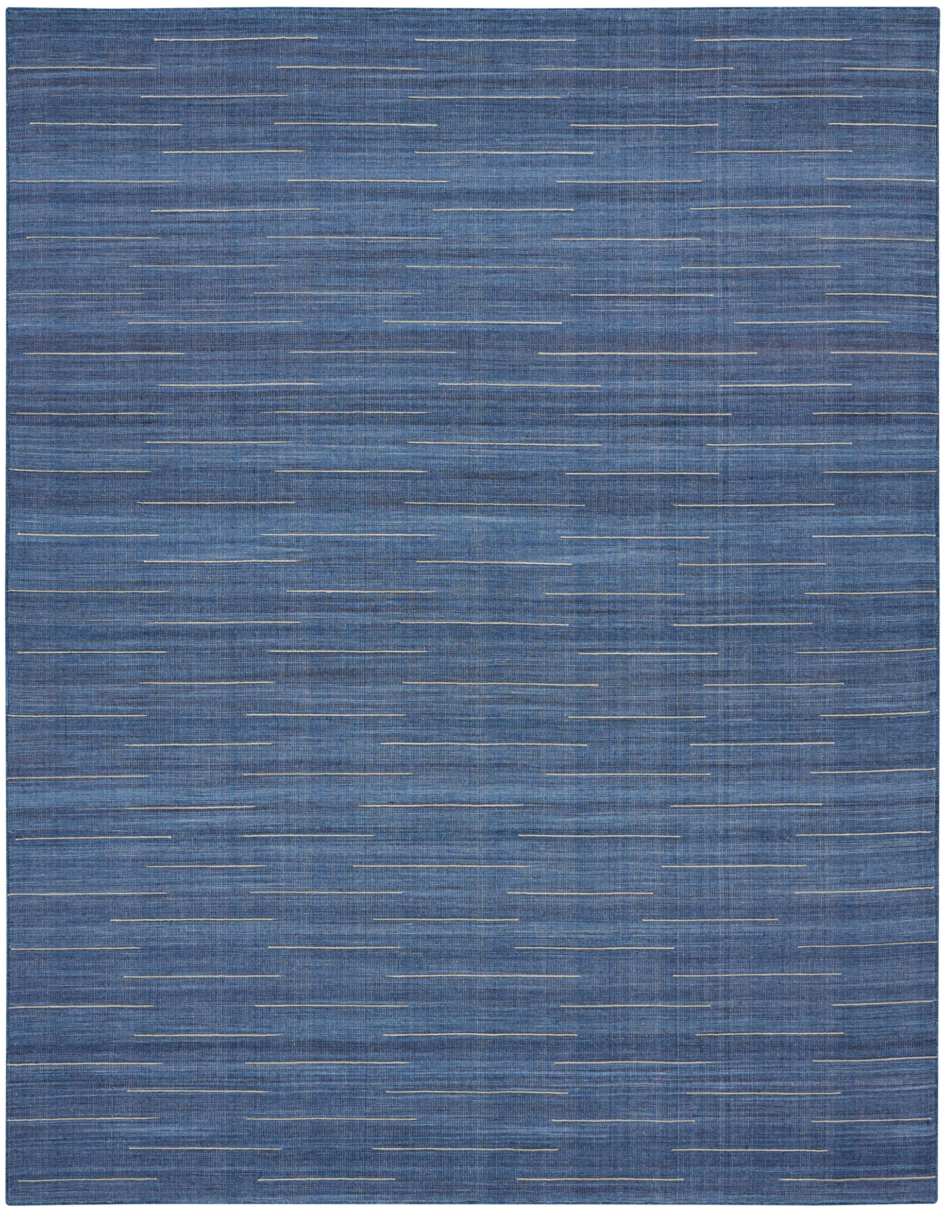 Blue woven rug with thin cream horizontal dashes in a modern flat-weave style.