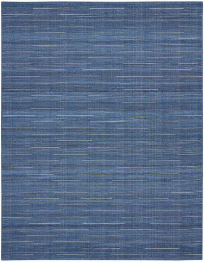 Blue woven rug with thin cream horizontal dashes in a modern flat-weave style.