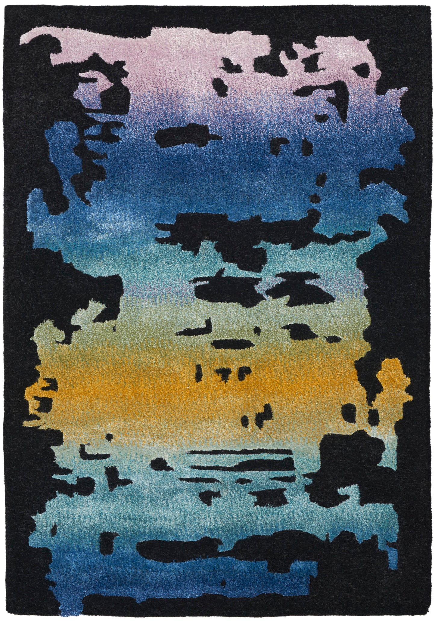 Rectangular area rug with abstract gradient from pink to blue to orange, featuring black silhouette-like shapes.
