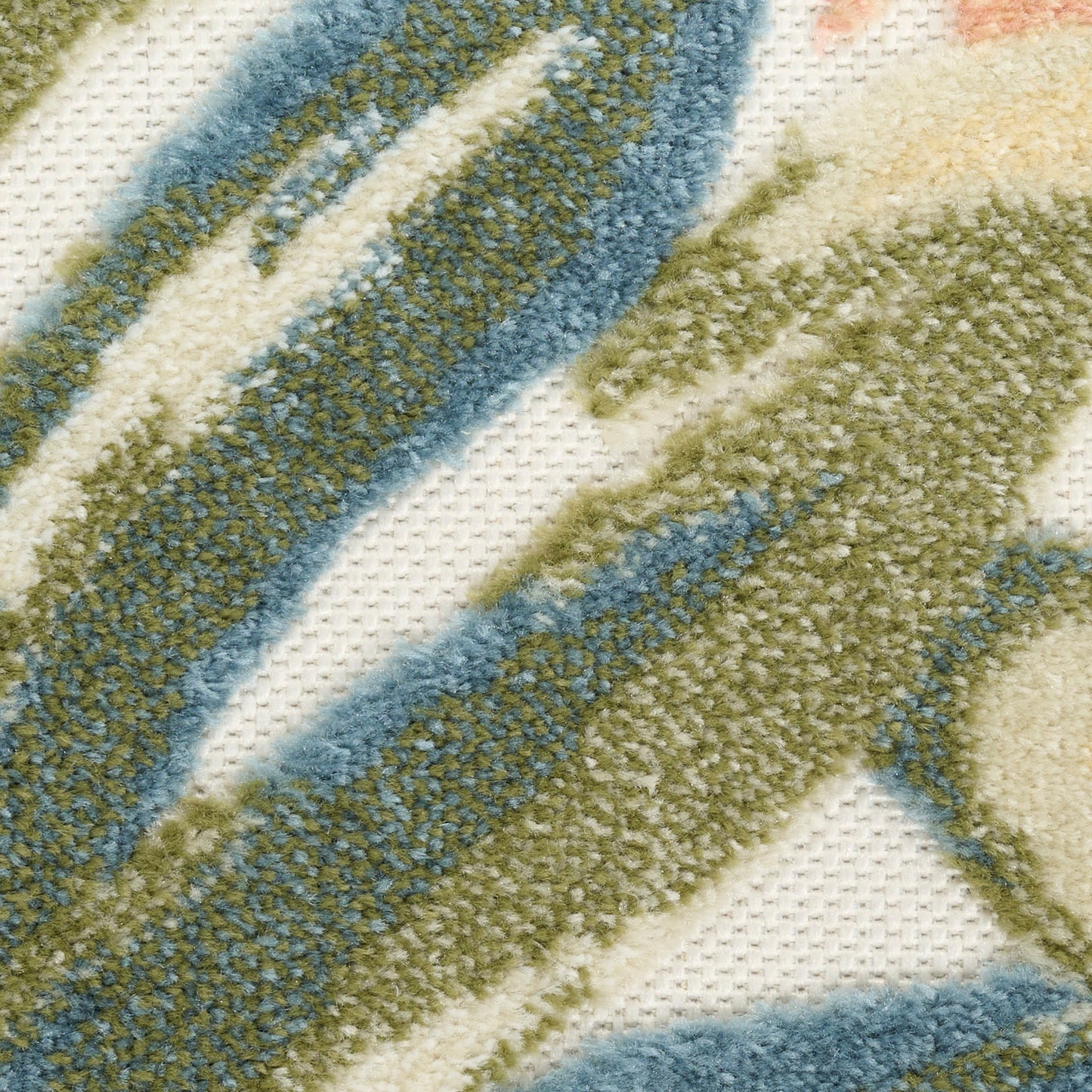 Plush striped rug with blue and olive green bands on cream background; soft shaggy pile and woven backing.