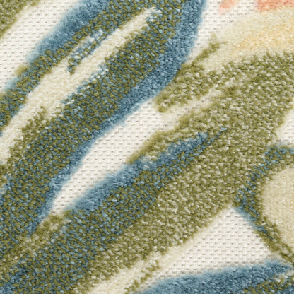 Plush striped rug with blue and olive green bands on cream background; soft shaggy pile and woven backing.