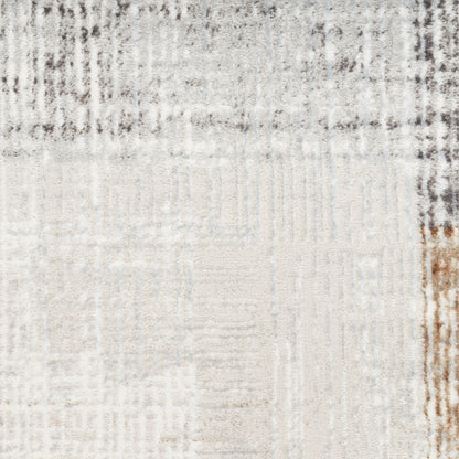 Cream and beige distressed abstract area rug with taupe and brown accents, rectangular modern decor piece.