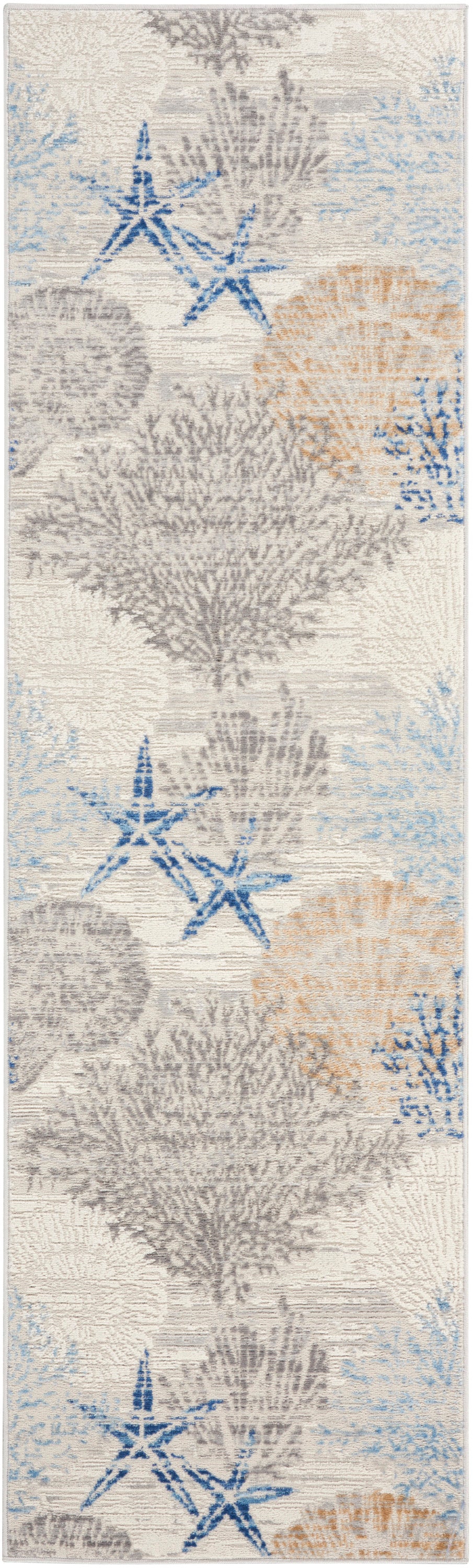 8' runner coastal rug with gray coral motifs and blue starfish on a beige background.