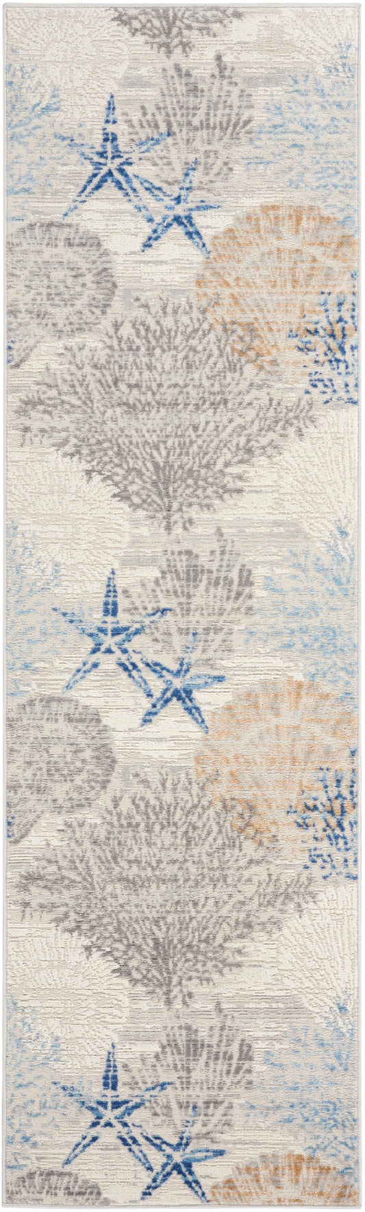 8' runner coastal rug with gray coral motifs and blue starfish on a beige background.