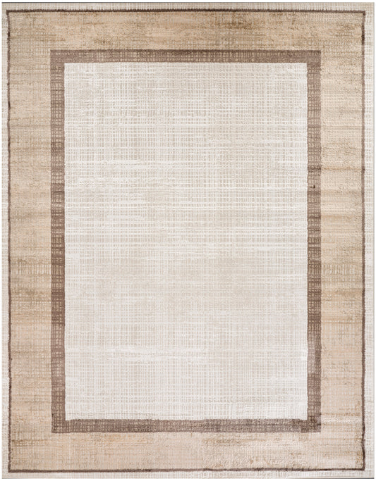 Rectangular area rug with cream center and double taupe-brown borders in neutral, flat-weave style.
