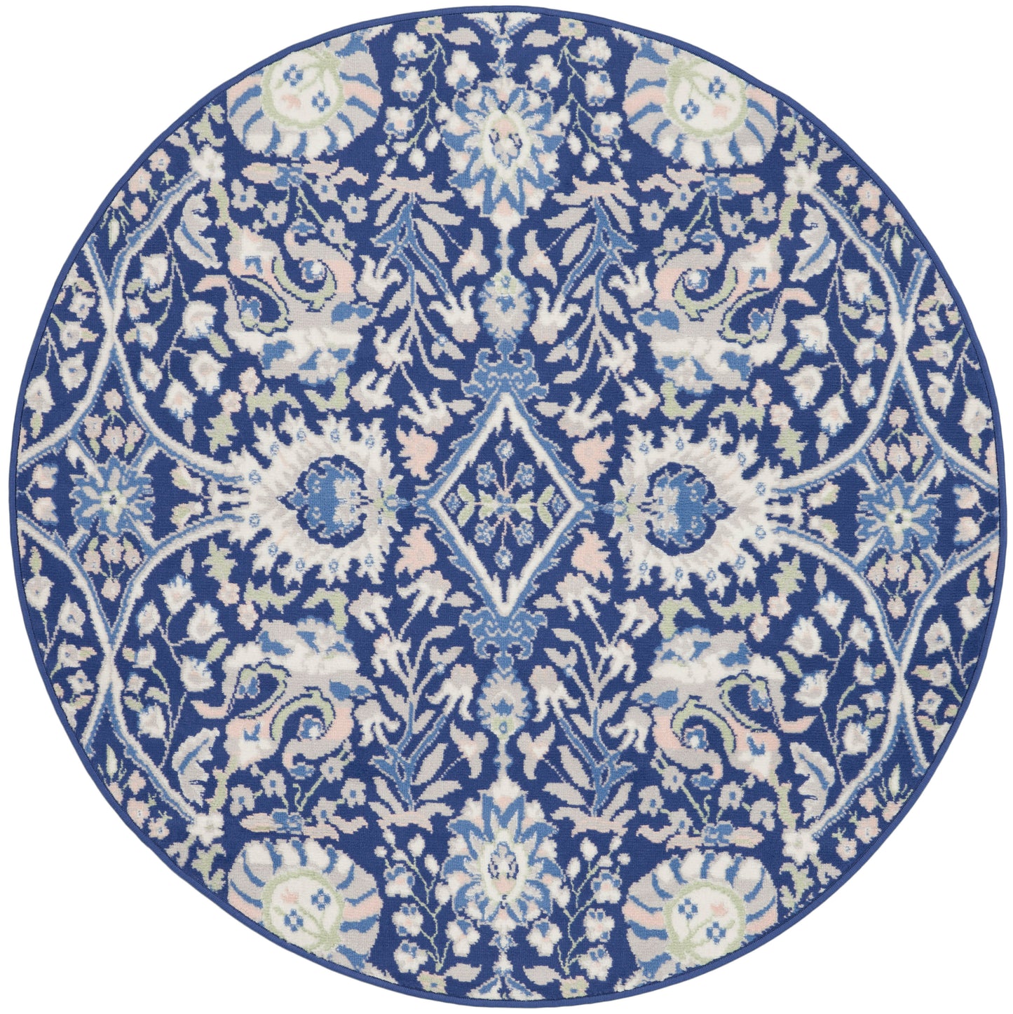 Round navy rug with intricate white floral damask pattern.