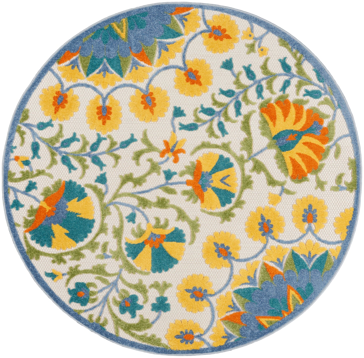 Round decorative area rug with a blue border and vibrant floral pattern in yellow, orange, teal and green on ivory background.