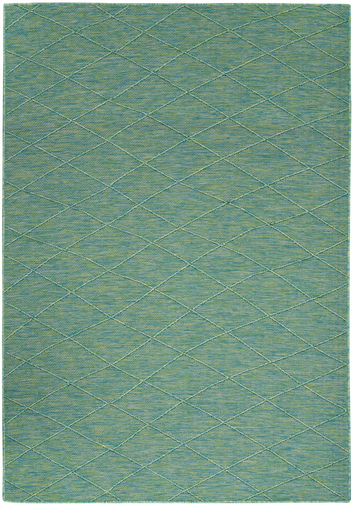 Rectangular teal rug with a pale yellow-green diamond lattice pattern and soft woven texture.