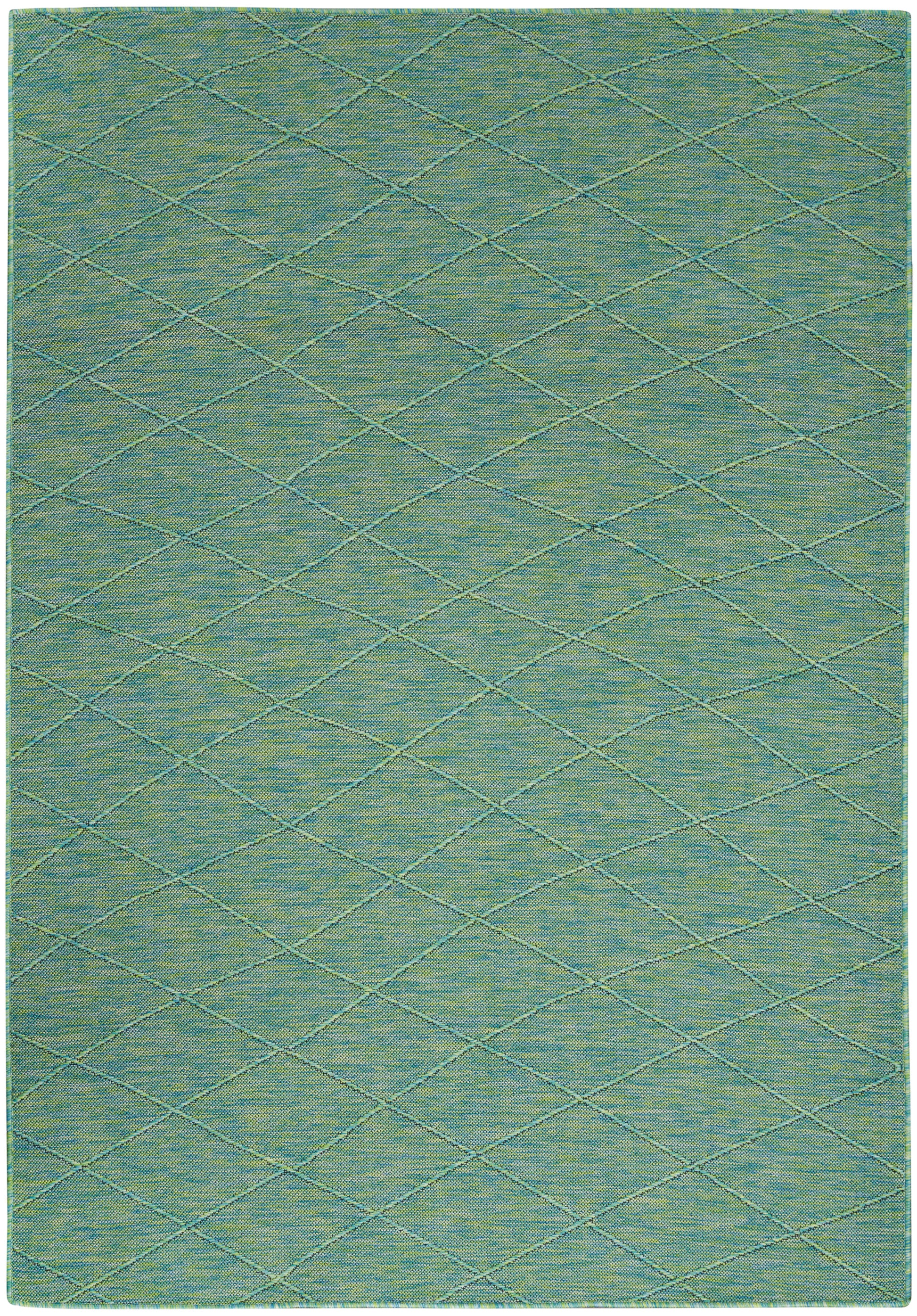 Rectangular teal rug with a pale yellow-green diamond lattice pattern and soft woven texture.