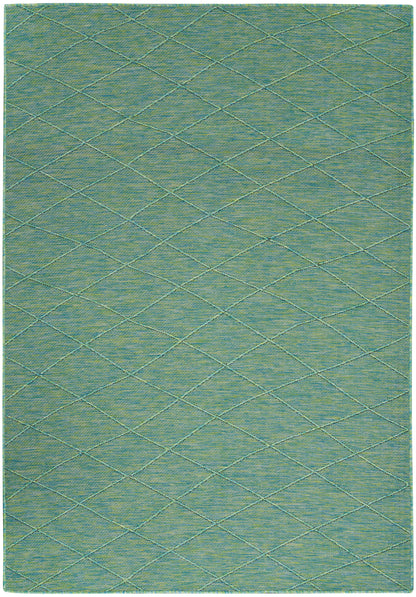 Rectangular teal rug with a pale yellow-green diamond lattice pattern and soft woven texture.