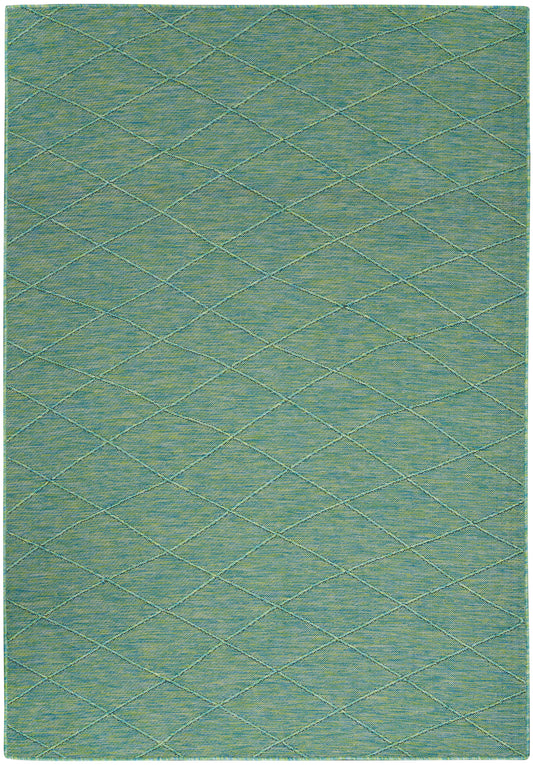 Rectangular teal rug with a pale yellow-green diamond lattice pattern and soft woven texture.