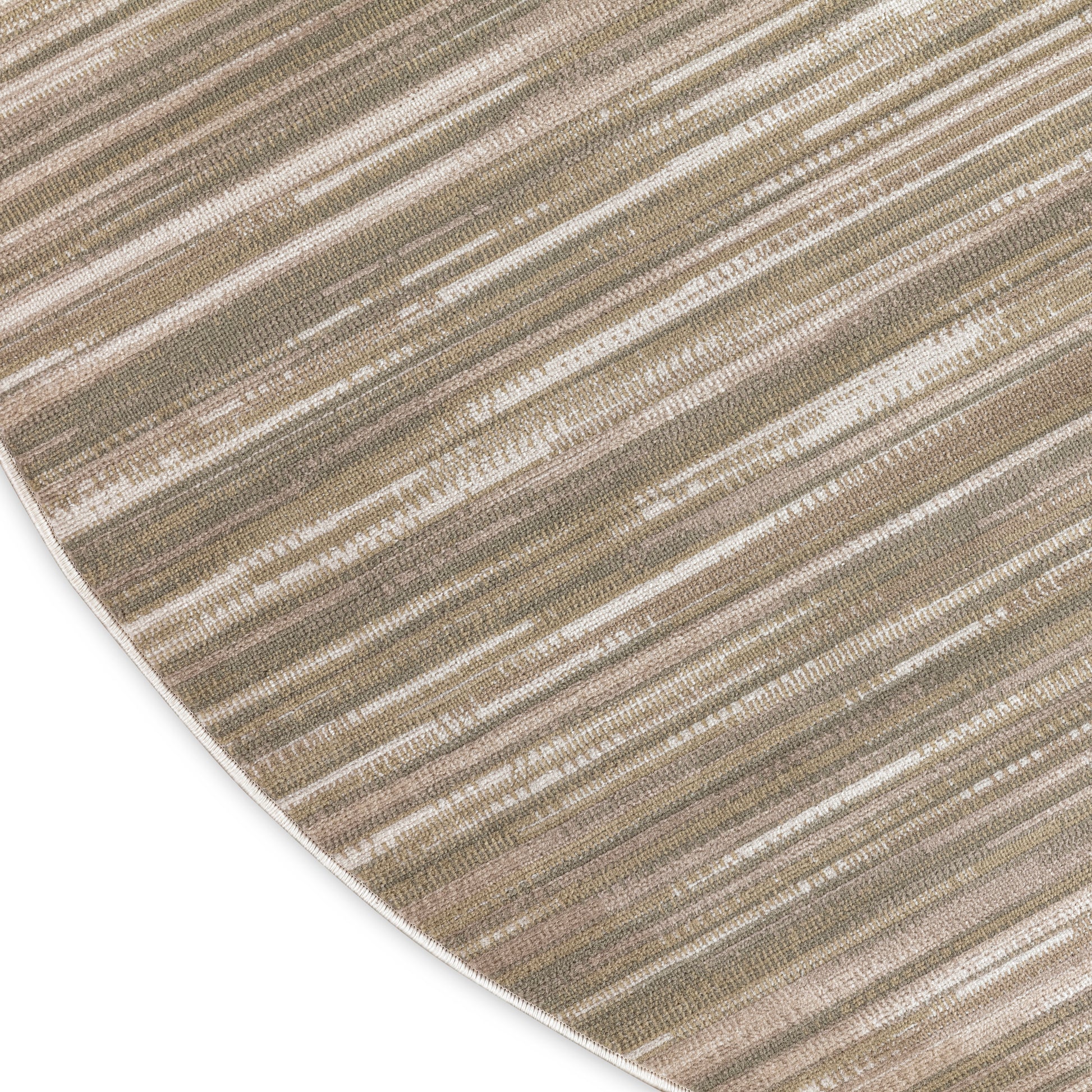 Round beige area rug with abstract taupe and cream striped pattern in a brushed, textured weave.