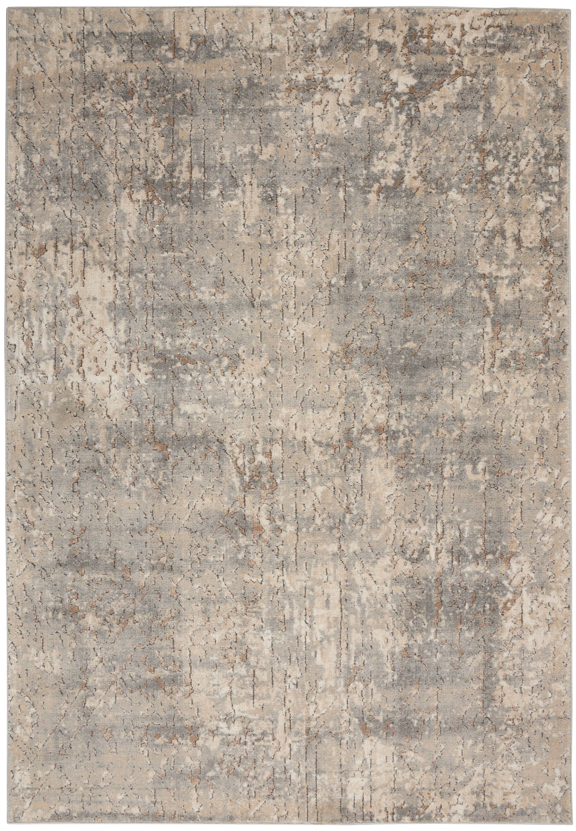 Rectangular distressed abstract area rug in gray and beige tones with a vintage, weathered pattern.