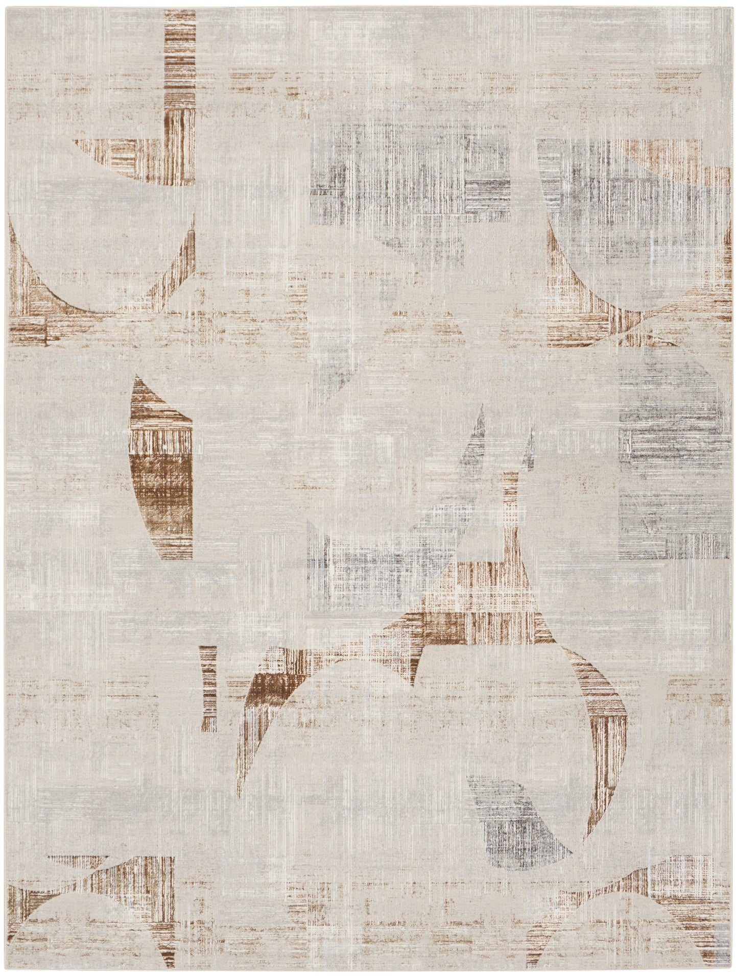 Abstract beige rug with distressed pattern, tan and brown curved shapes; subtle gray textures, modern and versatile.