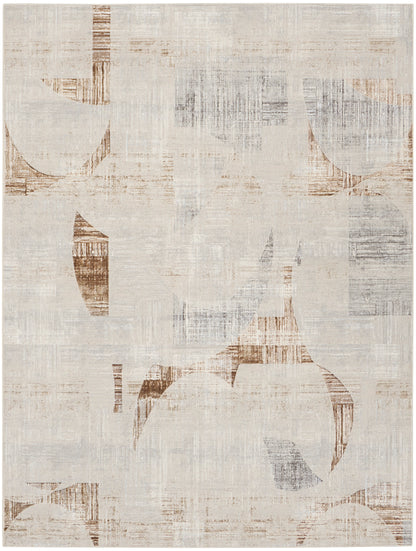 Abstract beige rug with distressed pattern, tan and brown curved shapes; subtle gray textures, modern and versatile.