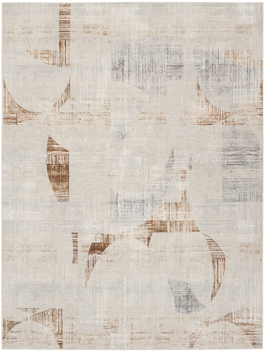Abstract beige rug with distressed pattern, tan and brown curved shapes; subtle gray textures, modern and versatile.