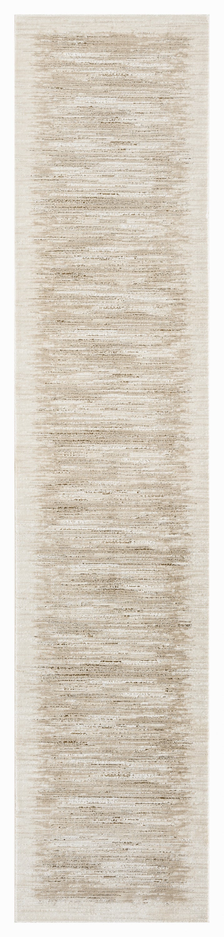 Beige and tan distressed runner rug, long narrow shape with horizontal brushed stripe pattern, casual hallway accent.