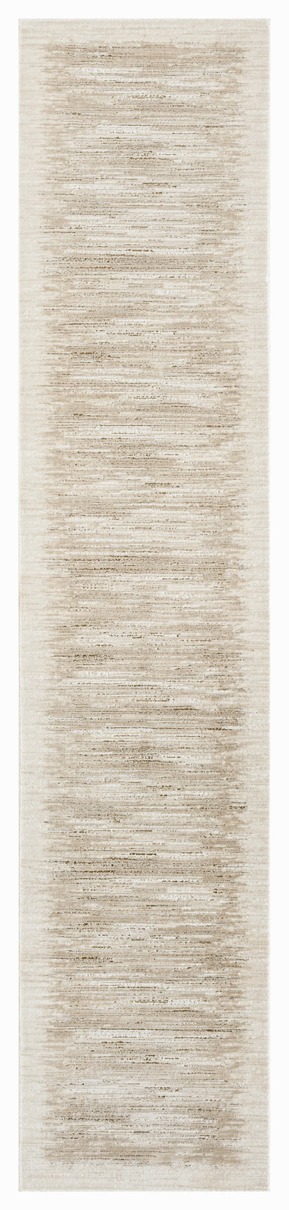 Beige and tan distressed runner rug, long narrow shape with horizontal brushed stripe pattern, casual hallway accent.