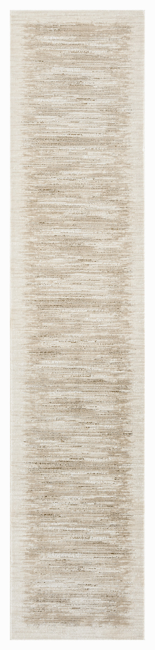 Beige and tan distressed runner rug, long narrow shape with horizontal brushed stripe pattern, casual hallway accent.