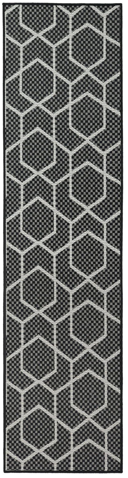 Black & white geometric hexagon-patterned rug runner; woven textile, modern & minimal, ideal for hallway or entry.