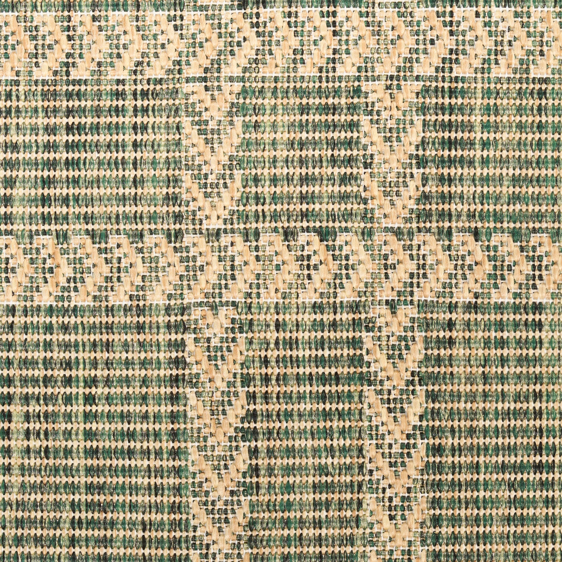 Woven fabric with beige & green geometric chevron pattern; earthy tribal style textile for throw or upholstery.