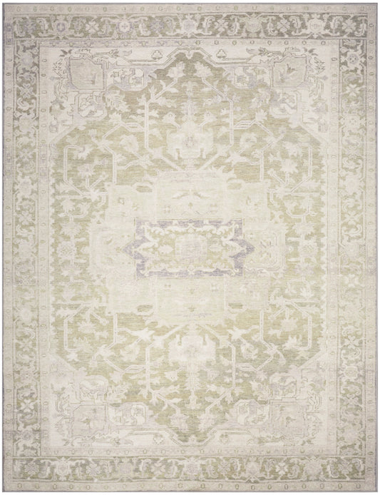 Distressed cream-and-ecru oriental rug with subtle gray borders and ornate central medallion.