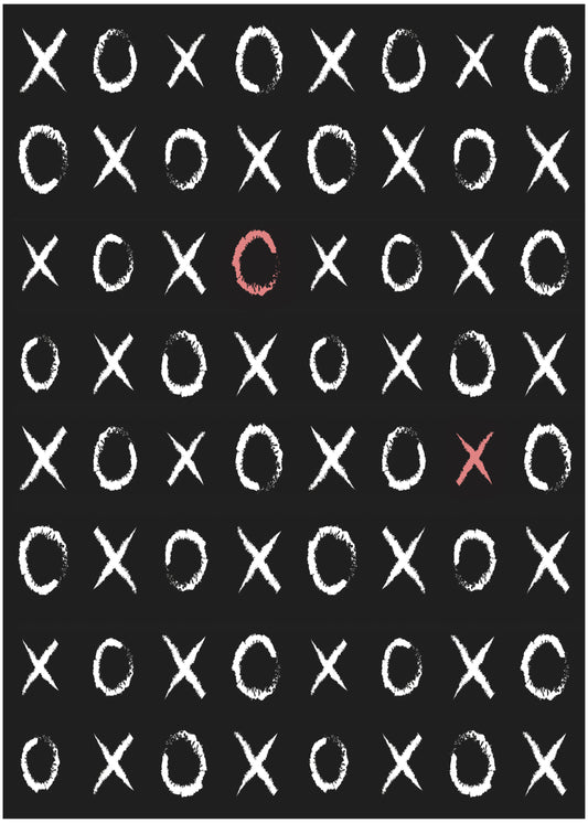Black pattern print with chalk-white Xs and Os on a dark background, featuring a few pink-red highlighted marks.