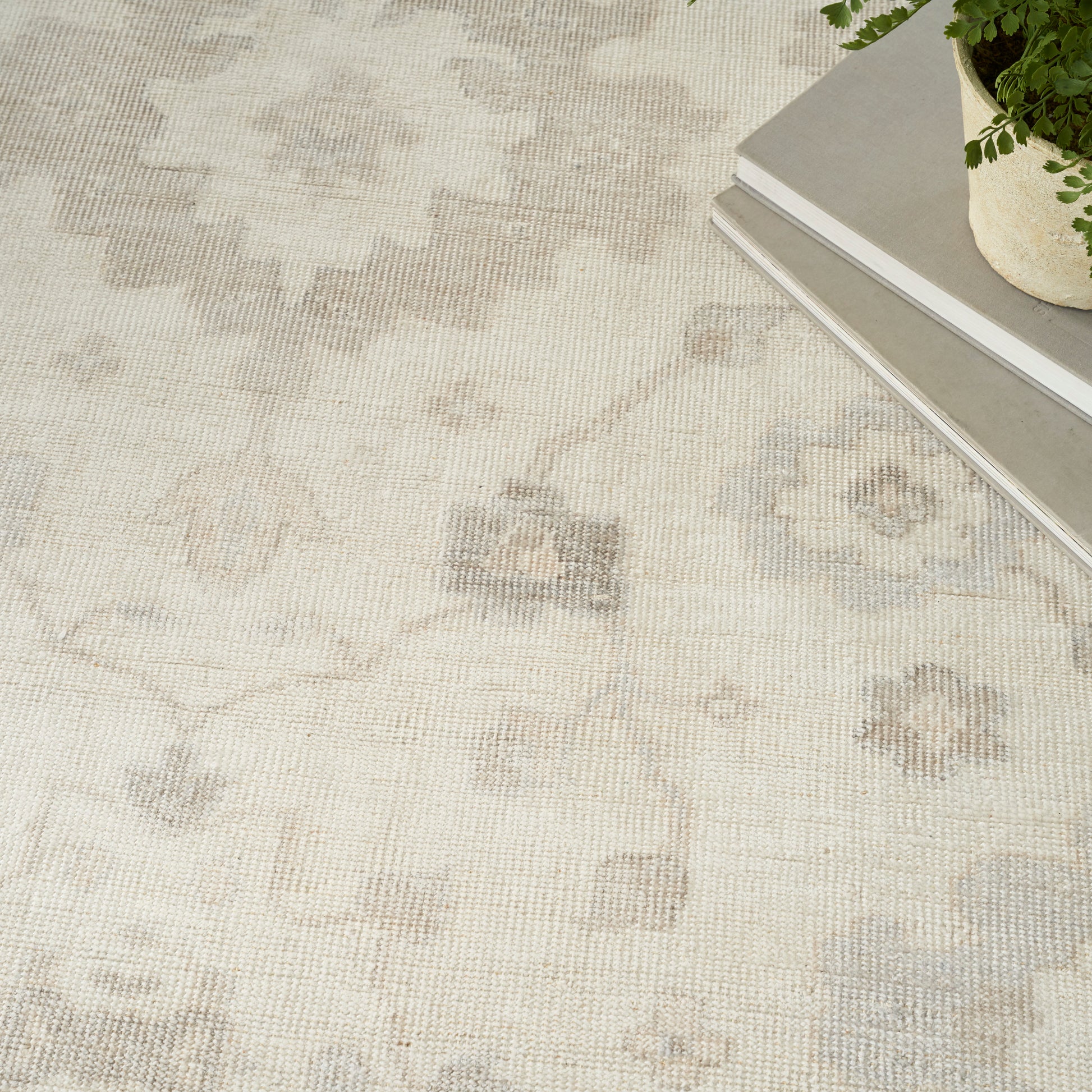 Soft beige patterned area rug with subtle geometric motifs; nearby stack of gray books and a green potted plant.