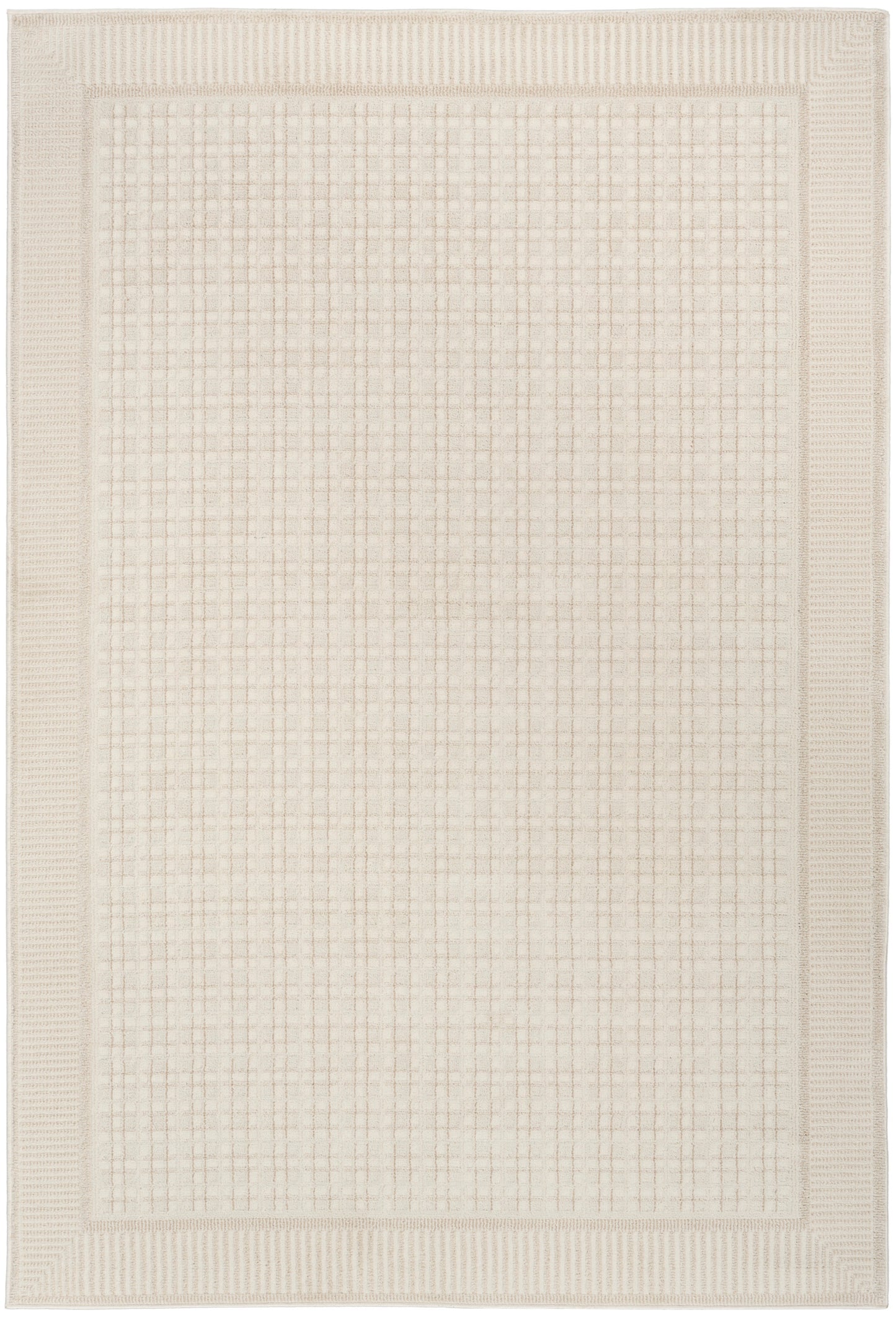Cream rectangular rug with grid-pattern center and chunky textured border for a modern neutral living room.