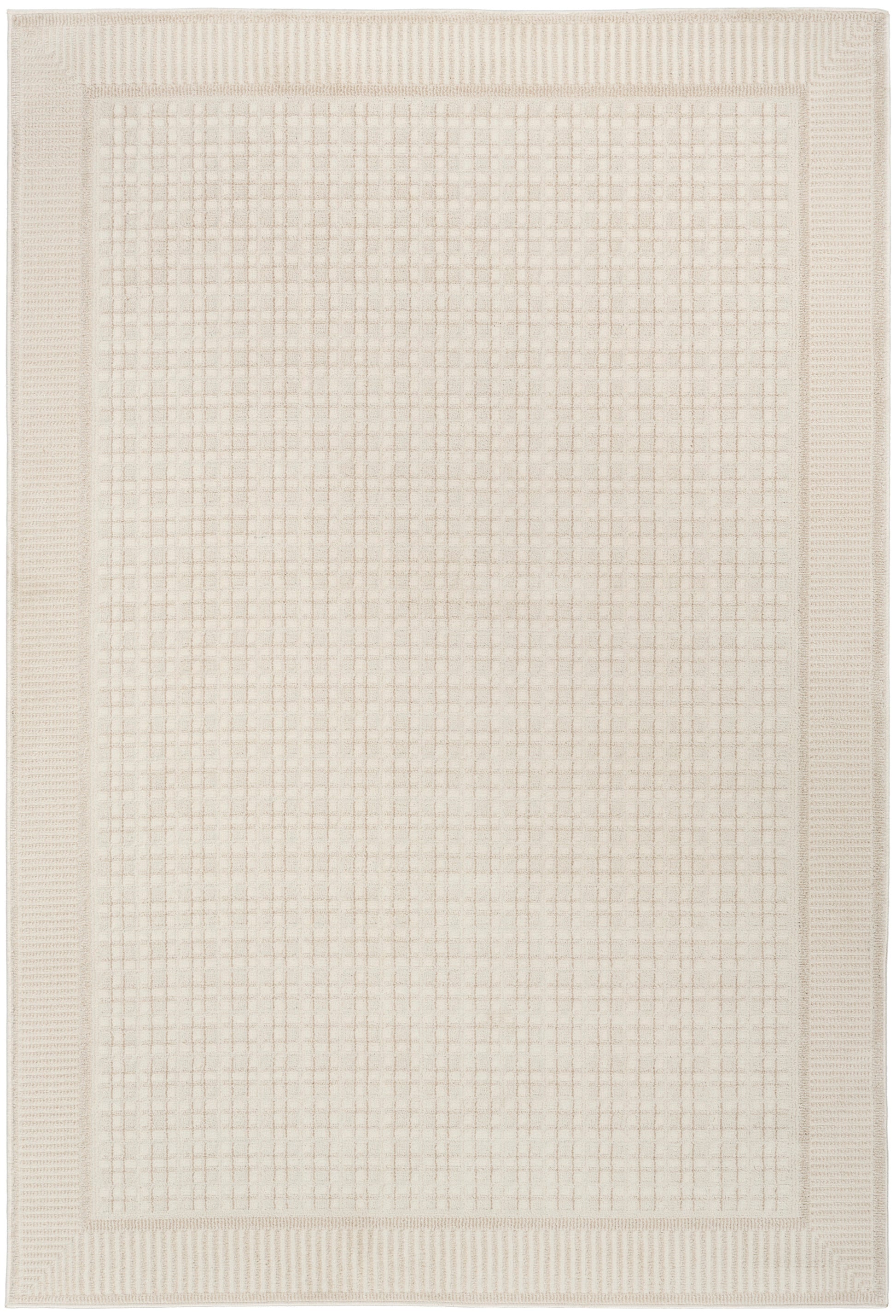 Cream rectangular rug with grid-pattern center and chunky textured border for a modern neutral living room.