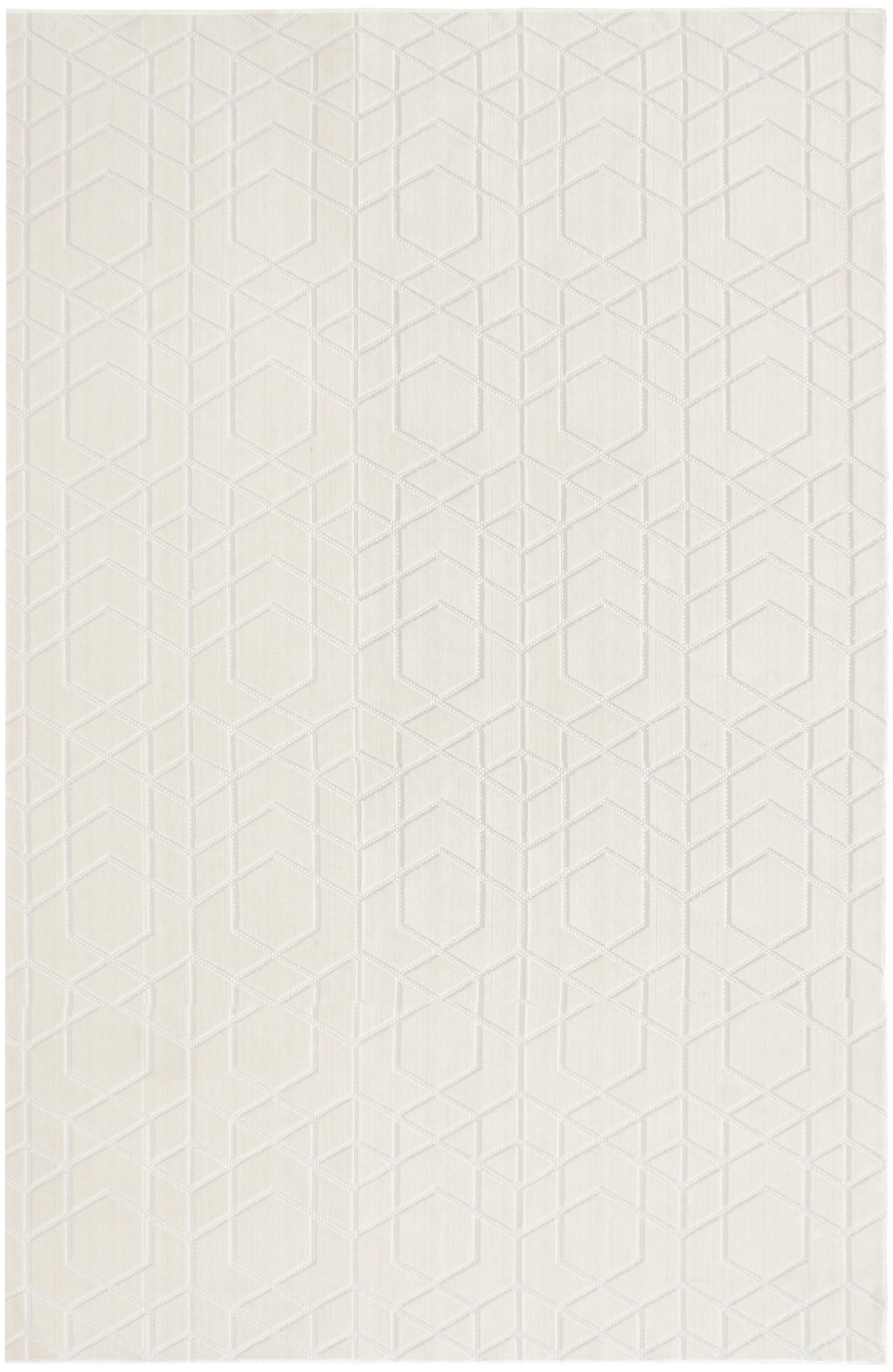 Cream rug with a subtle embossed geometric cube pattern for modern spaces.