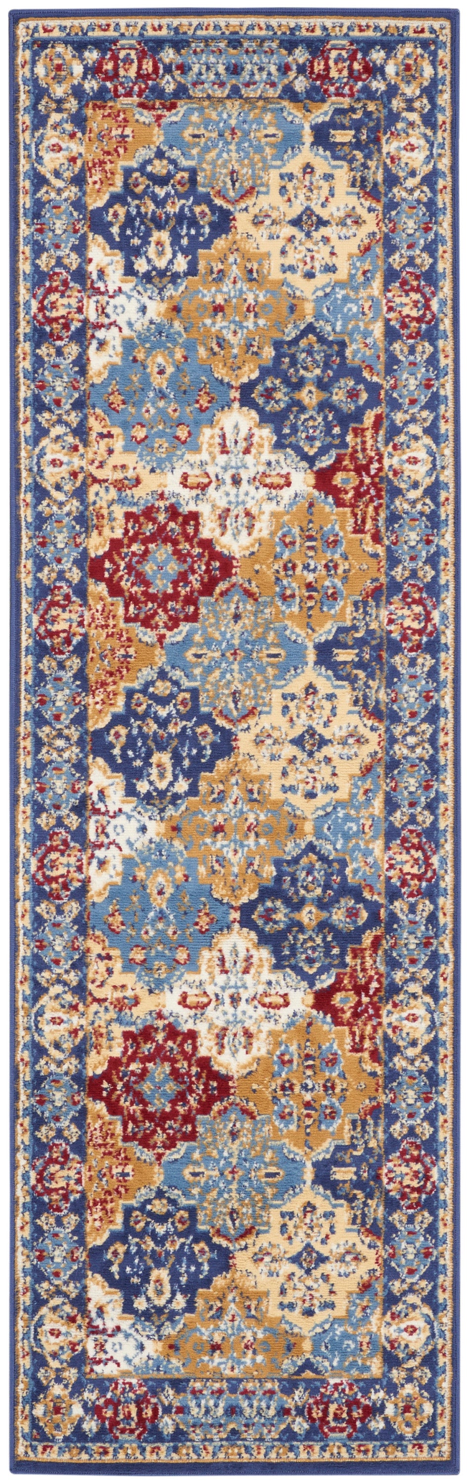 Vibrant oriental runner rug in blue, gold, red & ivory with dense floral medallions and ornate border.