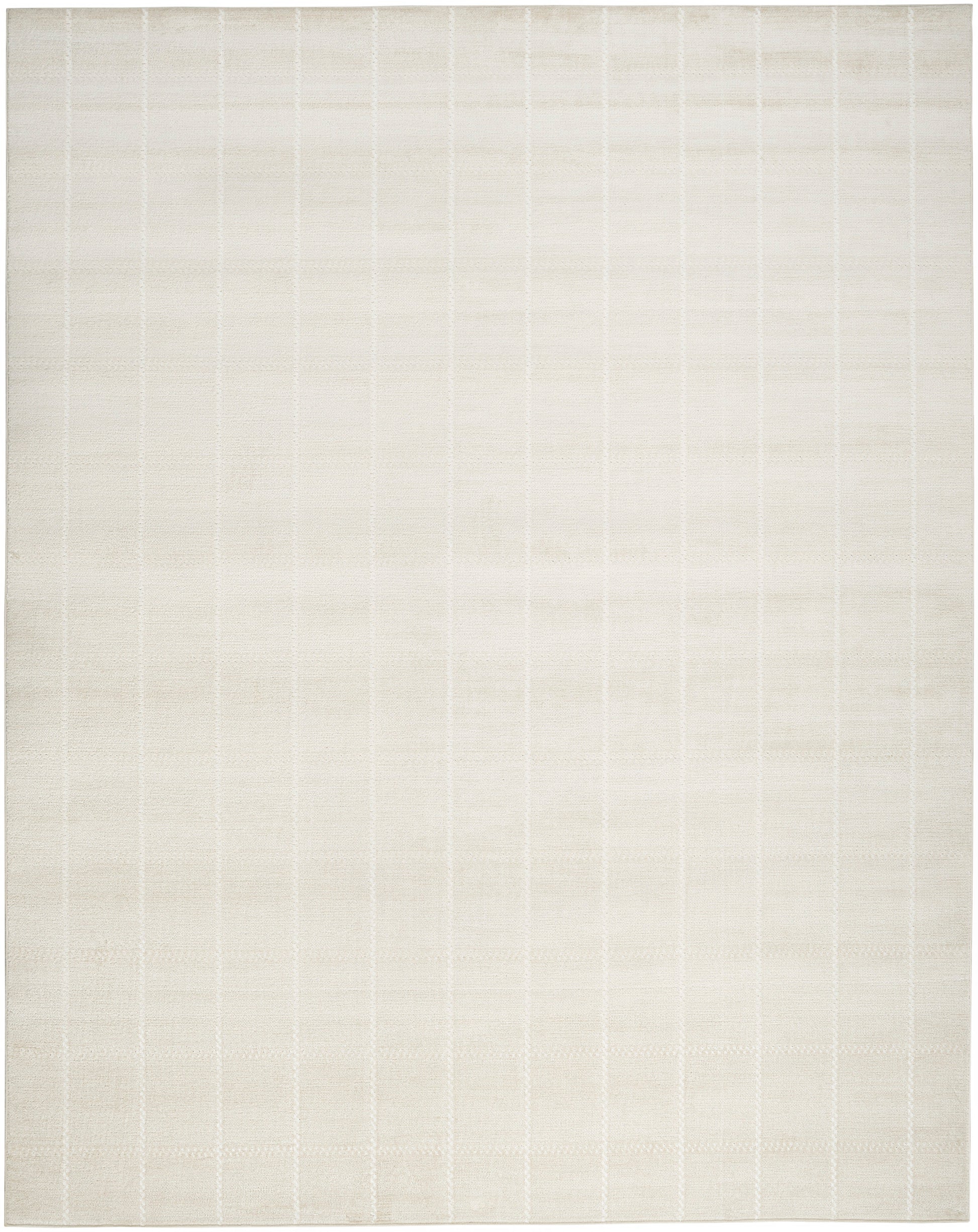 Beige flat-weave rug with subtle vertical stripes and woven texture; rectangular living-room accent.
