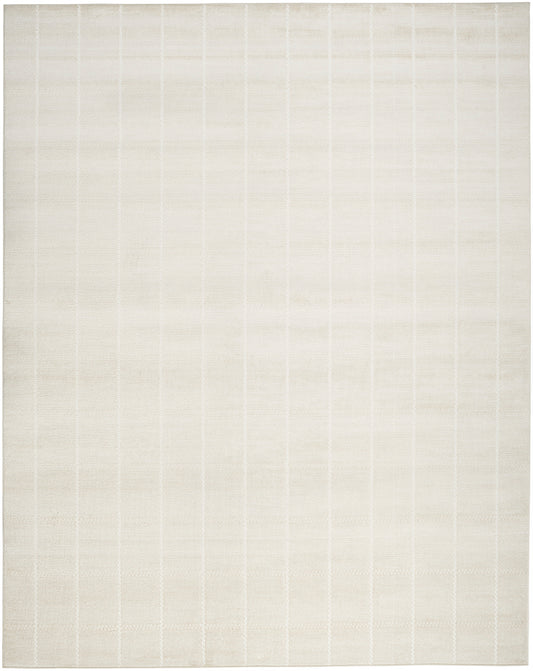 Beige flat-weave rug with subtle vertical stripes and woven texture; rectangular living-room accent.