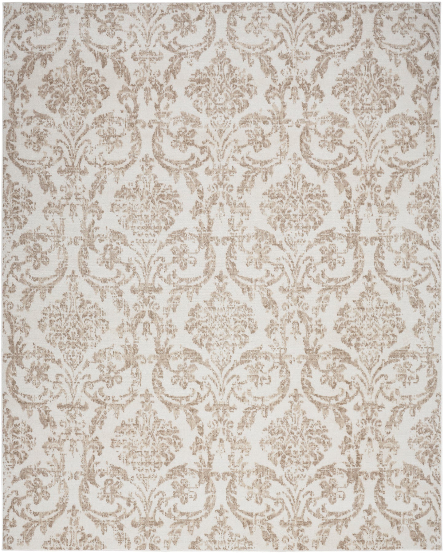 Beige damask pattern on ivory background; ornate floral scroll motifs for wallpaper or upholstery use.