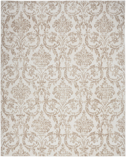 Beige damask pattern on ivory background; ornate floral scroll motifs for wallpaper or upholstery use.