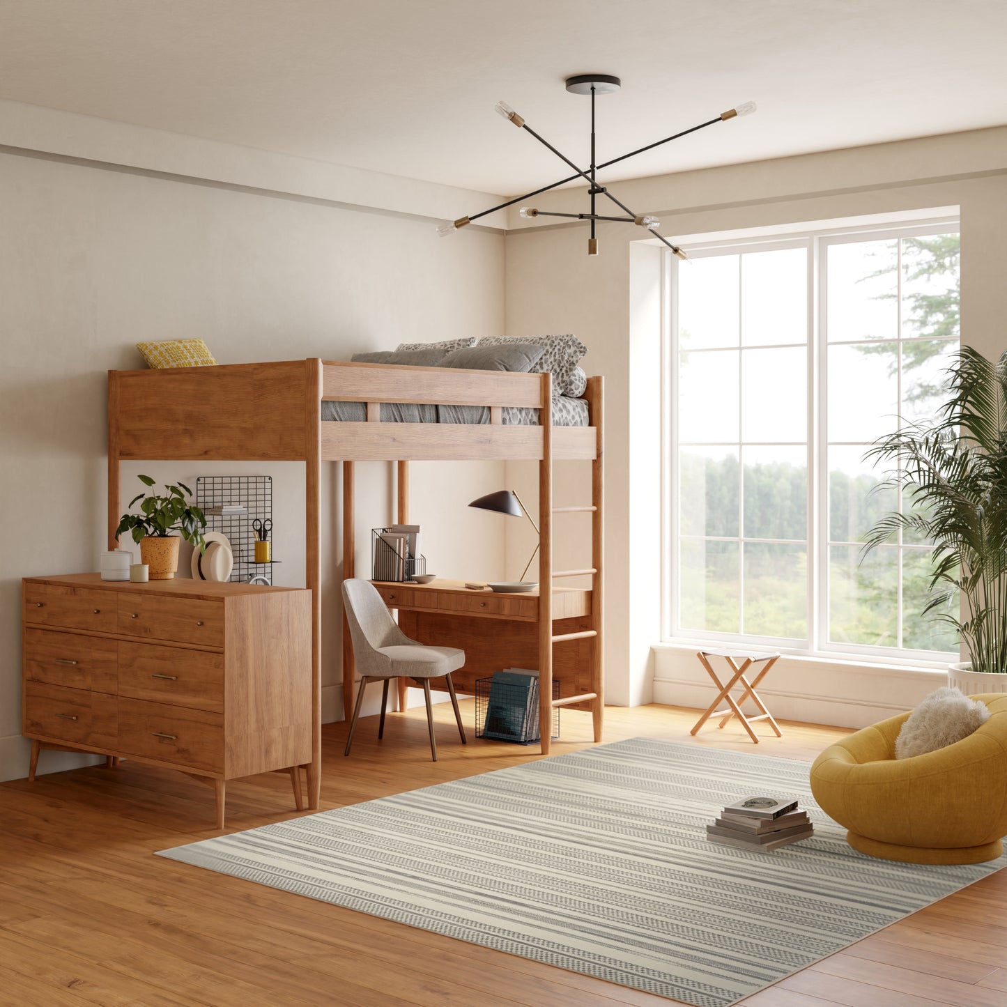 Striped rug in a room with a window, a yellow bean bag and potted plants.