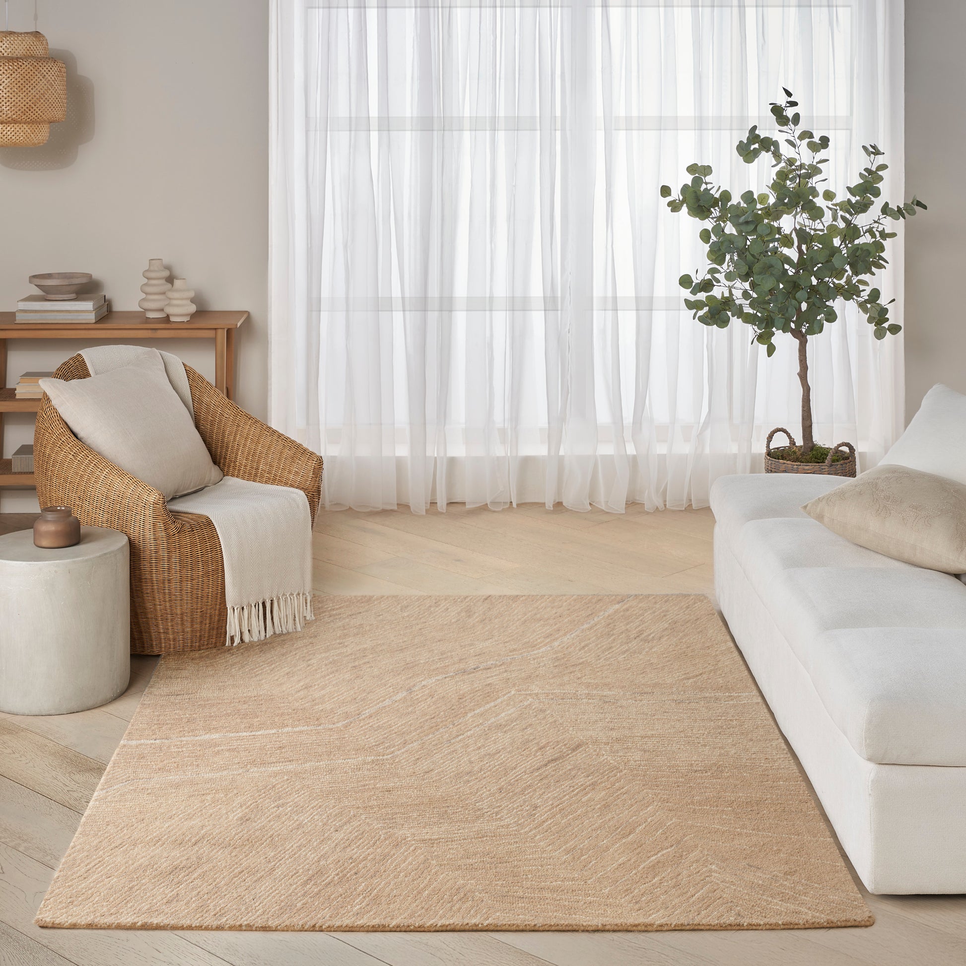 Bright neutral living room with beige area rug, white sofa, wicker armchair, potted tree, sheer curtains.