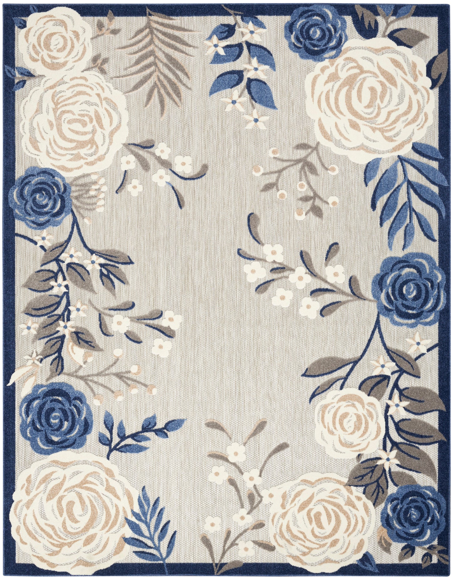 Rectangular floral rug with cream and navy roses framing a light gray field and dark navy border.