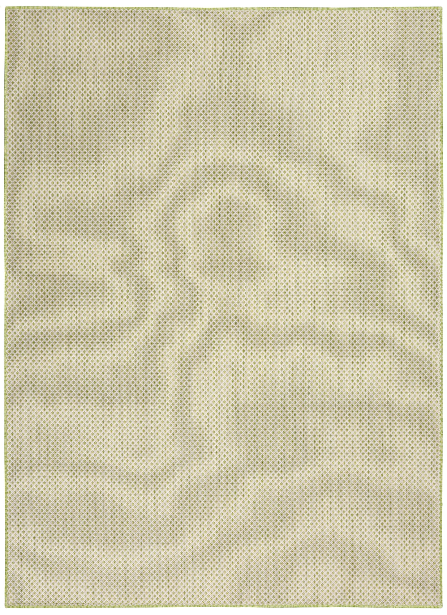 Beige rectangular woven rug with a fine diamond lattice pattern and light green edging.