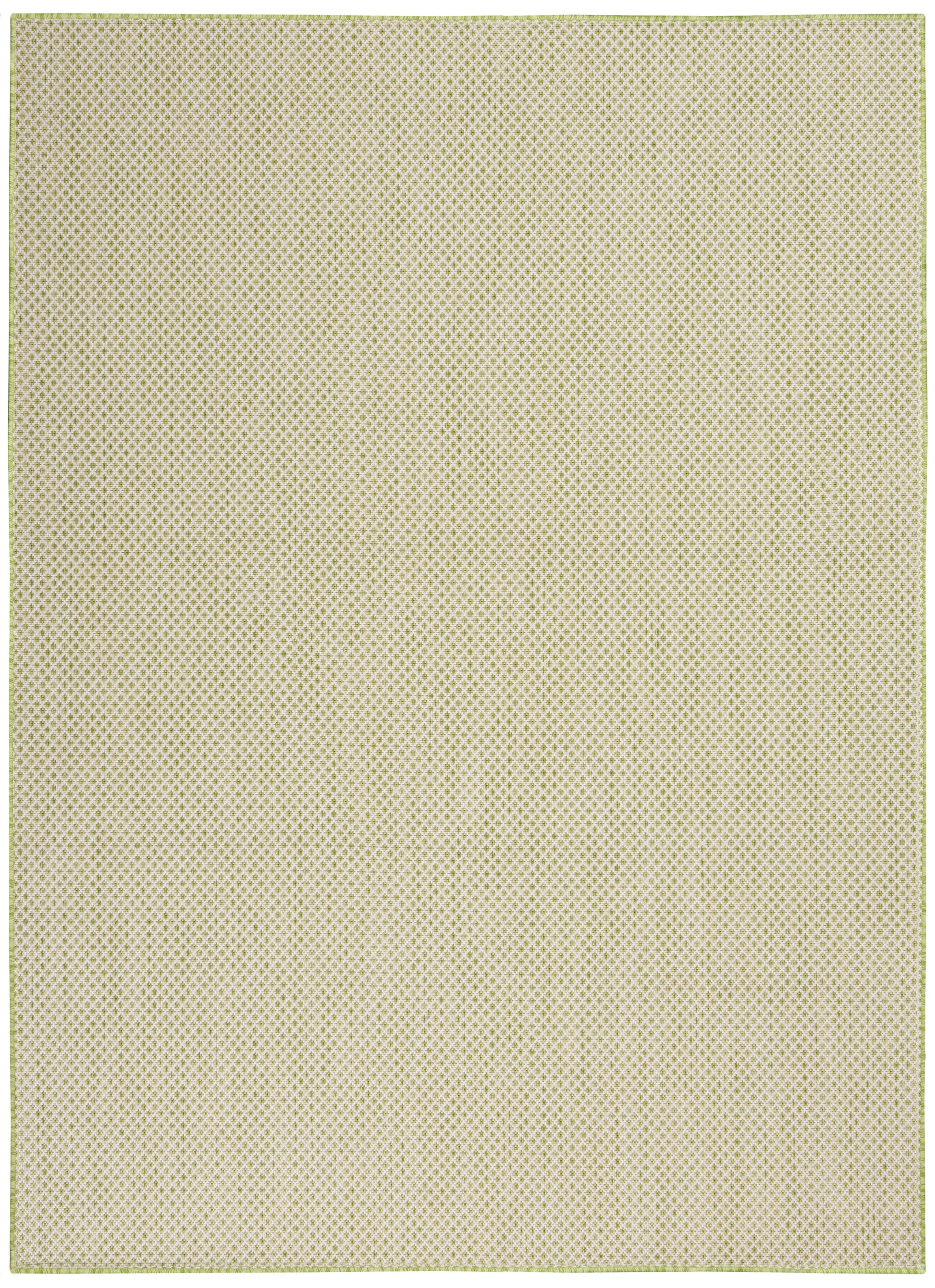 Beige rectangular woven rug with a fine diamond lattice pattern and light green edging.