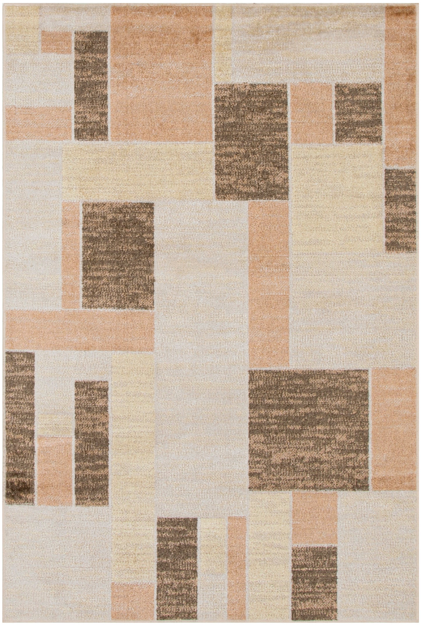 Modern geometric rug with beige, cream & brown rectangular patches; neutral, textured patchwork for contemporary decor.