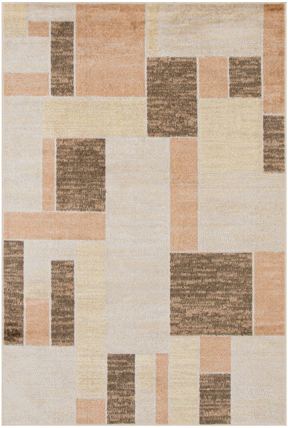 Modern geometric rug with beige, cream & brown rectangular patches; neutral, textured patchwork for contemporary decor.
