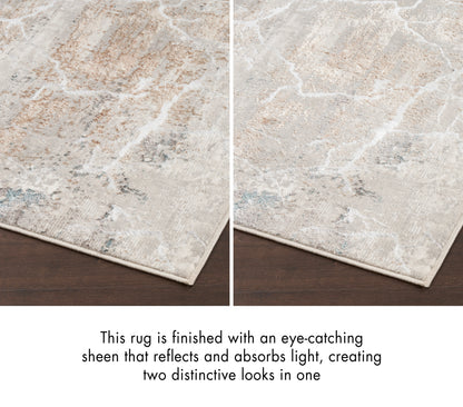 Two-panel close-up of abstract beige-ivory rug with pale blue accents and bound edge on dark wood floor
